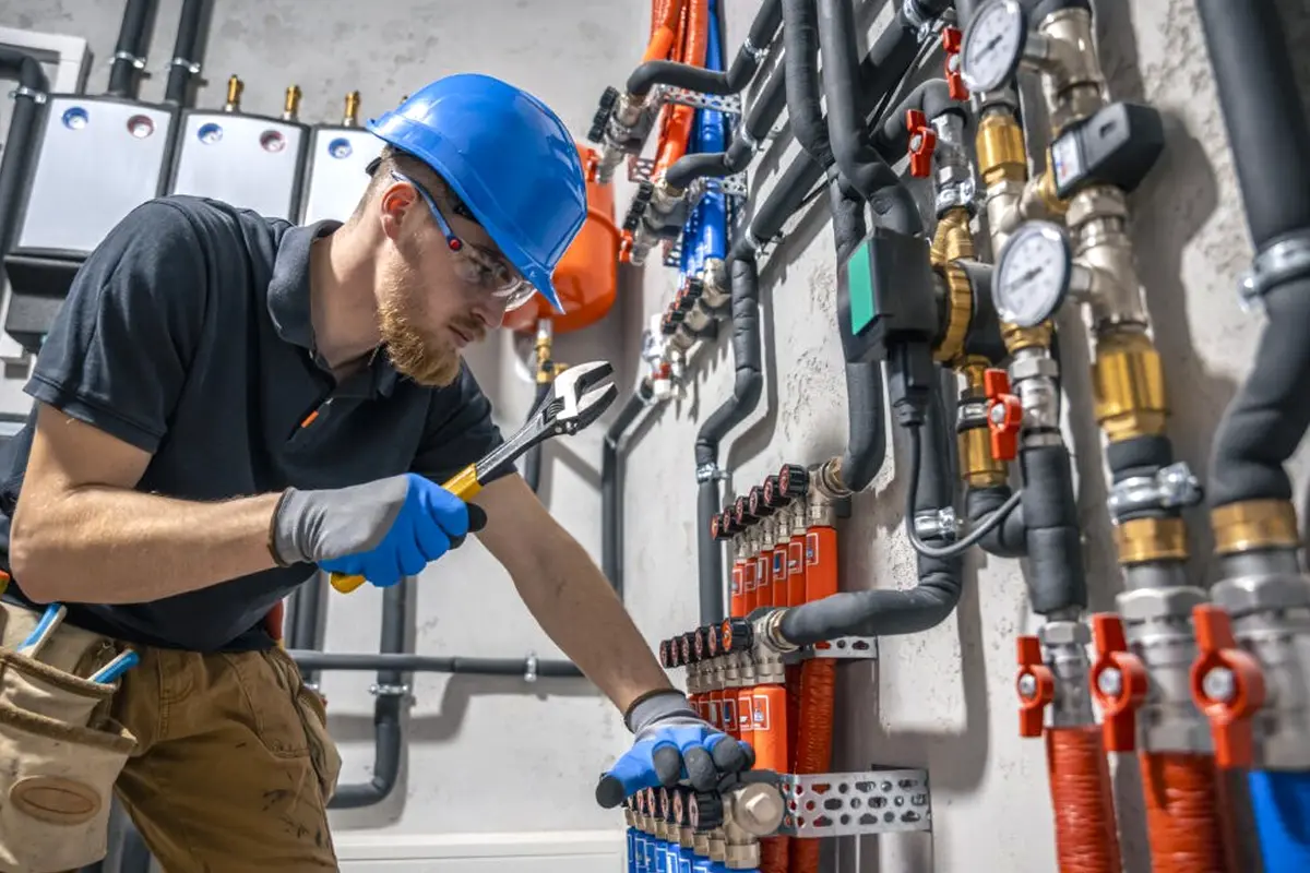 Wall Furnace Repair in Downtown Monterey Park Monterey Park CA — technician working on a residential furnace